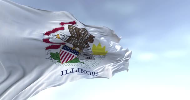 一个晴朗的日子里 伊利诺伊州的国旗在风中飘扬 在白色背景下盖上伊利诺伊州的印章 下面写上伊利诺伊州这个字 无缝3D渲染动画 慢动作回圈飘扬的旗帜 — 图库视频影像