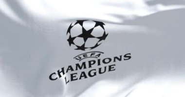 Londra, İngiltere, 25 Kasım 2023: UEFA Şampiyonlar Ligi bayrağının yakın çekimi. Avrupa futbol müsabakası. Dalgalı kumaş. Dokulu arka plan. Kusursuz 3 boyutlu animasyon. Yavaş çekim döngüsü