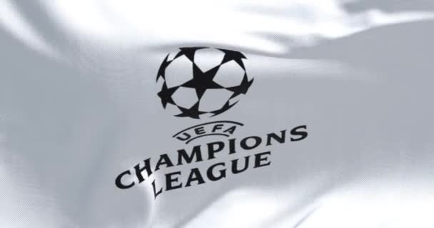 Londra Ngiltere Kasım 2023 Uefa Şampiyonlar Ligi Bayrağının Yakın Çekimi — Stok video
