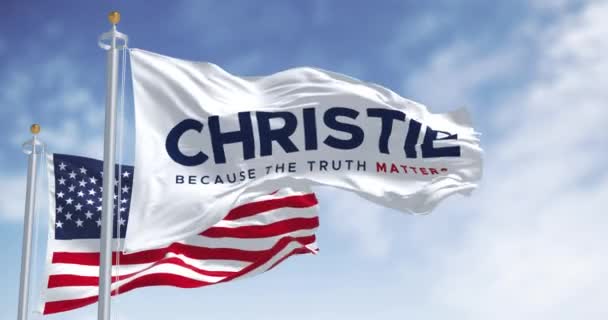 Jersey City Usa Juni 2023 Chris Christie 2024 Presidentens Kampanjflagga — Stockvideo