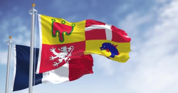 オークヴェルネ アルプスと国旗が晴れた日を振っている オークヴェルヌ ローヌ アルトはフランスの地域の一つである シームレス3Dレンダリングアニメーション スローモーションループ ウィングフラッグ — ストック動画
