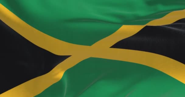 Närbild Jamaica Nationella Flaggan Viftar Guldsaltet Delar Upp Det Fyra — Stockvideo