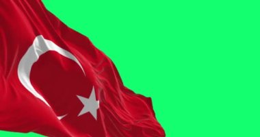 Yeşil ekranda rüzgarda dalgalanan Türk ulusal bayrağının yakın çekimi. Beyaz hilalli kırmızı bayrak ve bir yıldız. Kusursuz 3D canlandırma animasyonu. Krom anahtar. Yavaş çekim döngüsü. 4 bin. Seçici odak.