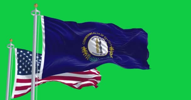 ケンタッキー州とアメリカ合衆国の国旗が緑色のスクリーンを振っている アメリカ合衆国の南東部 シームレス3Dレンダリングアニメーション クロマキー アルファチャンネル スローモーションループ 4Kについて — ストック動画