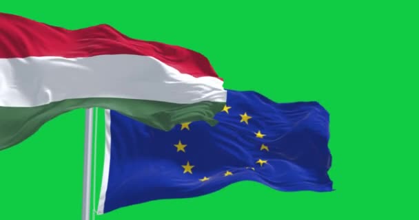 Bendera Hongaria Dan Uni Eropa Berkibar Bersama Layar Hijau Animasi — Stok Video