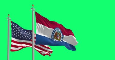 Missouri eyalet bayrağı yeşil ekranda ulusal Amerikan bayrağıyla dalgalanıyor. Kusursuz 3D canlandırma animasyonu. Krom anahtar. Yavaş çekim döngüsü. 4 bin. Seçici odak.