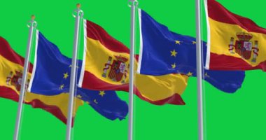 Yeşil ekranda izole edilmiş İspanyol ve Avrupa Birliği bayrakları sallanıyor. Avrupa Birliği üyeliği. Kusursuz 3D canlandırma animasyonu. Krom anahtar. Yavaş çekim döngüsü. 4 bin. Seçici odak.
