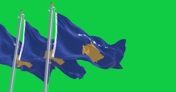 Tre Nationella Flagga Kosovo Viftar Grön Skärm Sex Vita Stjärnor — Stockvideo