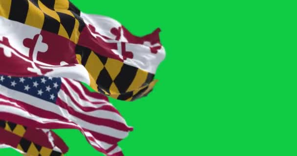Прапори Меріленду Сполучених Штатів Махали Вітром Зеленому Екрані Патріотичний Символічний — стокове відео
