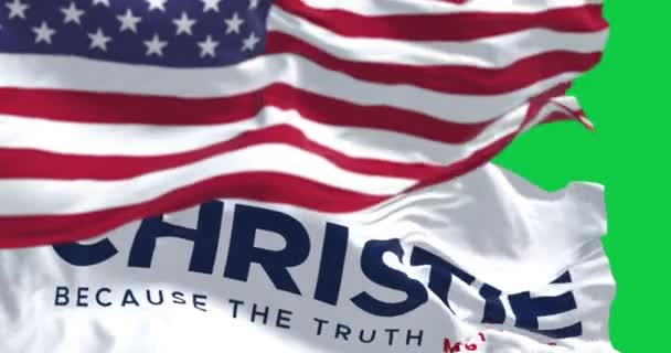美国泽西市 2023年6月20日 克里斯 克里斯蒂 Chris Christie 2024 挥舞着美国国旗 2024年美国总统选举 无缝3D渲染动画 — 图库视频影像