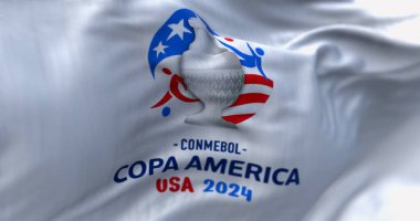 Miami, ABD, 3 Aralık 2023 Copa America ABD 2024 Bayrak Dalgası. Uluslararası Erkekler Futbol Şampiyonası. 2024 yılı ABD tarafından düzenlenecek. Resimli 3d illüstrasyon oluşturucu