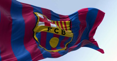 Barselona, SP, Aralık 12023: FC Barcelona bayrağını dalgalandırın. FC Barcelona, İspanya 'nın Barcelona şehrinde kurulmuş profesyonel bir futbol kulübüdür. Resimli 3d illüstrasyon oluşturucu