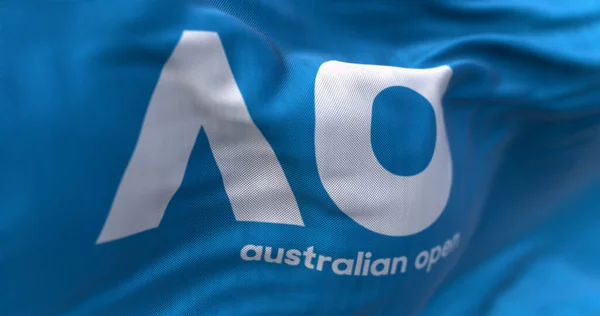 Melbourne, AU, Aralık 12023 Avustralya Açık Bayrak Dalgası 'nın yakın çekimi. Tenis turnuvası Melbourne 'da her yıl düzenlenir. Spor müsabakası. Dalgalı Kumaş. Dokulu arka plan. 3 boyutlu illüstrasyon. Seçici odak