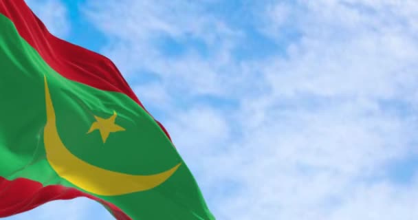 Close Bendera Nasional Mauritania Melambai Lambaikan Angin Hijau Dengan Bulan — Stok Video