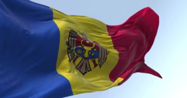 Moldova ulusal bayrağı açık bir günde dalgalanıyor. Mavi, sarı ve kırmızı dikey üç renkli. Ortasında ulusal arma var. Kusursuz 3 boyutlu animasyon. Yavaş çekim döngüsü. Sallanan bayrak