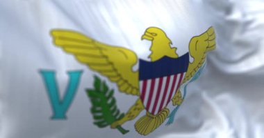 Birleşik Devletler Virgin Adaları bayrağının dalgalandığı yakın çekim. Birleşik Devletler 'in birleşik ve organize olmayan toprakları. Kusursuz 3 boyutlu animasyon. Yavaş çekim döngüsü. Seçici odak