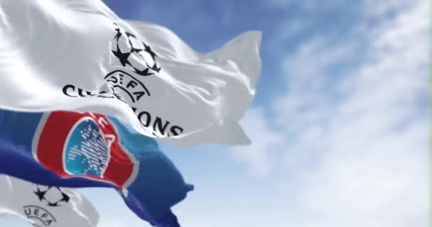 Londres Reino Unido Dic 2023 Banderas Uefa Liga Campeones Uefa — Vídeos de Stock