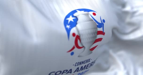 アメリカ マイアミ 12月3日2023 コパアメリカ2024旗の閉鎖 国際サッカー選手権 シームレス3Dレンダリングアニメーション スローモーションループ 選択的なフォーカス — ストック動画