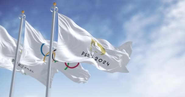 Paryż Października 2023 Paryż 2024 Flagi Igrzysk Olimpijskich Machające Wietrze — Wideo stockowe