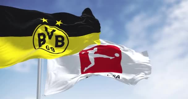 Дортмунд Германия Ноября 2023 Года Флаг Боруссии Дортмунд Развевается Вместе — стоковое видео