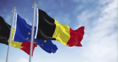 Belçika ulusal bayrakları ve Avrupa Birliği bayrakları rüzgarda sallanıyor. Kusursuz 3 boyutlu animasyon. Yavaş çekim döngüsü. Seçici odaklanma. Sallanan bayrak