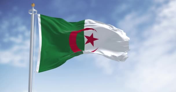 Närbild Algeriet Nationella Flaggan Viftar Klar Dag Två Vertikala Stänger — Stockvideo