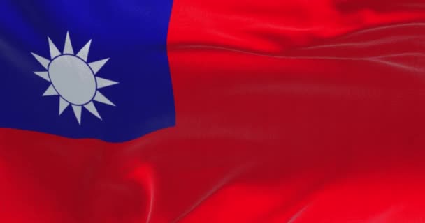 台湾国旗在风中飘扬的特写 12射线 蓝色矩形 无缝3D渲染动画 慢动作回圈飘扬的旗帜 — 图库视频影像