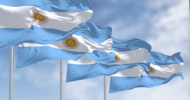 Vier Argentinische Nationalflaggen Wehen Einem Klaren Tag Drei Gleiche Blaue — Stockvideo