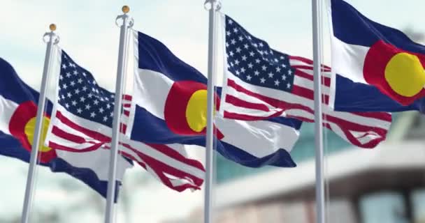 Colorado Állam Zászlói Lobognak Amerikai Egyesült Államok Nemzeti Zászlóival Egy — Stock videók