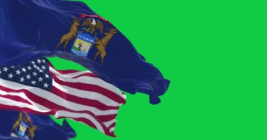 Michigan ve Birleşik Devletler bayrakları yeşil ekranda rüzgarda dalgalanıyor. Vatanseverlik ve kimlik kavramı. Kusursuz 3D canlandırma animasyonu. Krom anahtar. Alfa kanalı. Yavaş çekim döngüsü. 4K