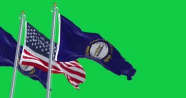 Kentucky ve Birleşik Devletler bayrakları yeşil ekranda rüzgarda sallanıyor. Birleşik Devletler 'in güneydoğu eyaletinde. Kusursuz 3D canlandırma animasyonu. Krom anahtar. Alfa kanalı. Yavaş çekim döngüsü. 4K