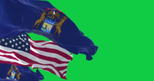 Michiganin Yhdysvaltojen Liput Vilkuttavat Tuulessa Vihreällä Näytöllä Isänmaallisuus Identiteetti Saumaton — kuvapankkivideo