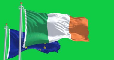 İrlanda ve Avrupa Birliği bayrakları yeşil ekranda birlikte dalgalanıyor. Kusursuz 3D canlandırma animasyonu. Krom anahtar. Alfa kanalı. Yavaş çekim döngüsü. 4K