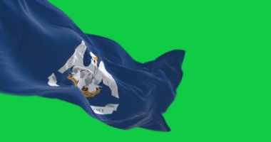 Louisiana eyaleti bayrağı yeşil ekranda dalgalanıyor. Devletin sloganıyla mavi bir bölgedeki ana pelikan. Amerikan bayrağı. Kusursuz 3D canlandırma animasyonu. Krom anahtar. Yavaş çekim döngüsü. 4 bin. Seçici odak.