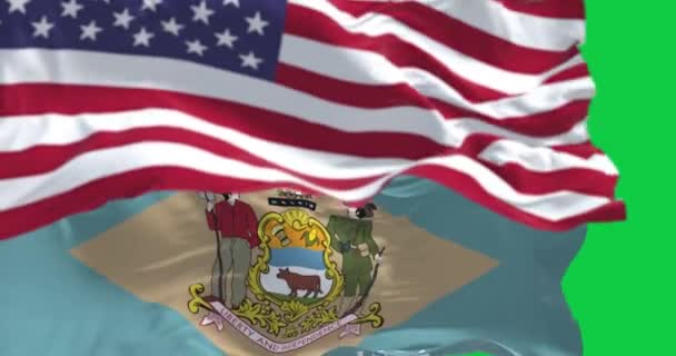Bandera Del Estado Delaware Ondeando Con Bandera Americana Pantalla Verde — Vídeos de Stock