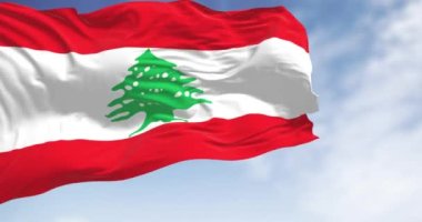 Lübnan ulusal bayrağı açık bir günde rüzgarda sallanıyor. Üç yatay kırmızı, beyaz, kırmızı, yeşil Lübnan sedir ağacının ortasında. Kusursuz 3 boyutlu animasyon. Yavaş çekim döngüsü