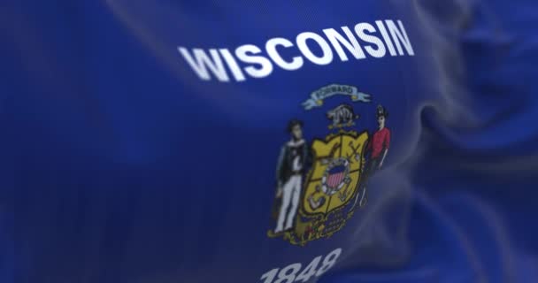 Close Bandeira Estado Wisconsin Acenando Vento Bandeira Azul Com Brasão — Vídeo de Stock