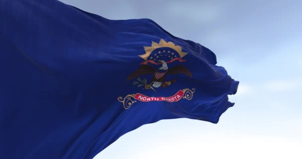 Närbild North Dakota State Flagga Viftar Blå Med Vapensköld Örnen — Stockvideo