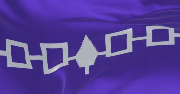 Close Bandeira Iroquesa Acenando Bandeira Roxa Com Quatro Quadrados Brancos — Vídeo de Stock