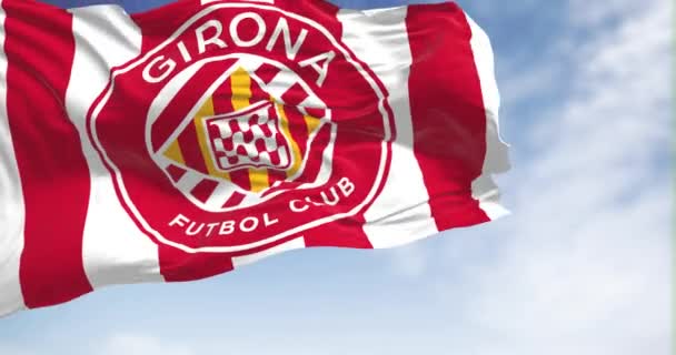 Barcelona Dec 2023 Close Van Vlag Van Voetbalclub Girona Die — Stockvideo