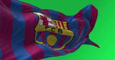Barcelona, SP, Aralık 12023: Barcelona merkezli İspanyol profesyonel futbol kulübü FC Barcelona bayrağının yeşil ekranda dalgalanması. Kusursuz 3D canlandırma animasyonu. Krom anahtar. Yavaş çekim döngüsü. 4K