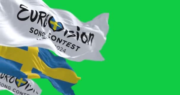 Malmo Outubro 2023 Festival Eurovisão Canção 2024 Bandeiras Suecas Acenando — Vídeo de Stock