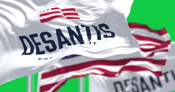 美国塔拉哈西 2023年11月30日 德雷斯特的2024年竞选旗在绿色屏幕上挥动着美国国旗 无缝3D渲染动画 慢动作回圈4K 有选择的重点 — 图库视频影像