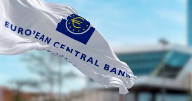Frankfurt, DE, 28 Aralık 2023: Avrupa Merkez Bankası bayrağının rüzgarda dalgalanması. İllüstrasyon 3d illüstrasyon canlandırması. Seçici odak