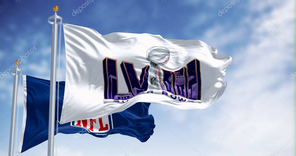 Paradise, US, Dec 20 2023: 58th Super Bowl and NFL flags waving. The game is scheduled to be played on Feb 11, 2024 in Paradise, Nevada. Illustrative editorial 3d illustration render. Selective focus
