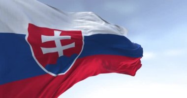 Açık bir günde Slovakya ulusal bayrağının rüzgarda dalgalandığı yakın çekim. Beyaz, mavi ve kırmızı çizgiler. Kollar yukarı kaldırılsın. Kusursuz 3 boyutlu animasyon. Yavaş çekim döngüsü