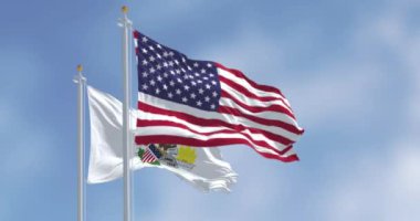 Illinois eyalet bayrağı açık bir günde Amerikan bayraklarıyla dalgalanıyor. Amerikan bayrağı. Gurur ve vatanseverlik kavramı. Kusursuz 3 boyutlu animasyon. Yavaş çekim döngüsü. Seçici odak