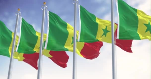 Национальные Флаги Сенегала Размахивают Ясный День Вертикальные Полосы Традиционными Панафриканскими — стоковое видео