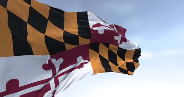 马里兰州的国旗在晴朗的日子飘扬着 四个象限与颜色的卡尔弗特和克罗斯兰家庭 无缝3D渲染动画 慢动作回路 — 图库视频影像