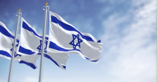 Bandeiras Nacionais Israel Acenando Dia Claro Estrela Azul David Centro — Vídeo de Stock